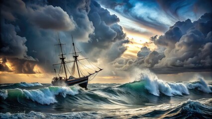 Obraz premium A lone vessel battles against powerful winds and towering waves, its sails torn and battered, as a dark and ominous storm cloud looms in the background.