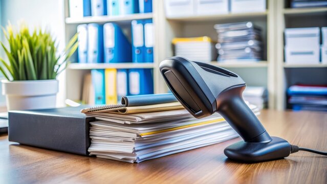 High-angled shot of a modern handheld barcode scanner lying on a cluttered office desk surrounded by paperwork, folders, and office supplies.