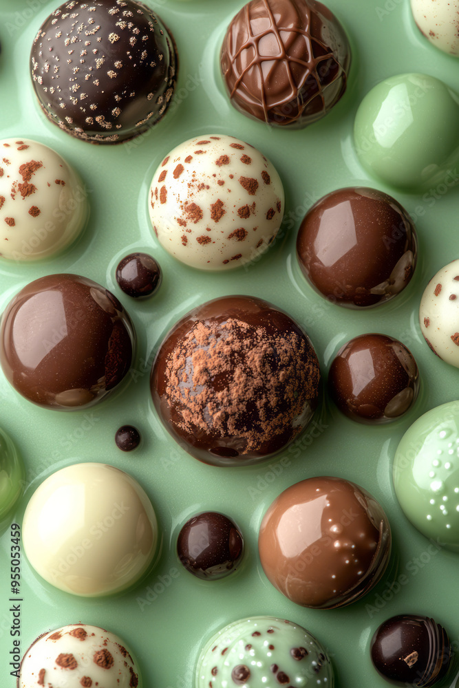 Poster an abstract mix of chocolate pearls in varying sizes and colors, creating a constellation-like patte