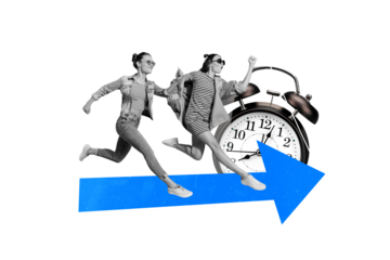 Creative composite illustration photo collage of active fast girls running shopping on season sale isolated on orange color background