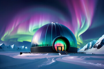 arctic shining observatory of the future among snow and ice, glaciers, purple northern lights, amazing winter night landscape, icy view, nature phenomenon, cold weather, light, dome
