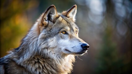 Fototapeta premium A majestic gray wolf in a serene, natural environment, showcasing a striking side profile, fur fluffed, ears perked, and eyes fixed on a distant horizon.