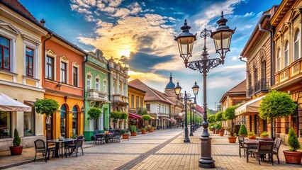 Historic cobblestone Nemanjina Street in Kragujevac, Serbia, lined with historic buildings, cafes, and ornate street lamps, exuding a charming European small-town atmosphere.