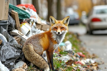 Naklejka premium Red Fox Standing in Front of a Pile of Garbage