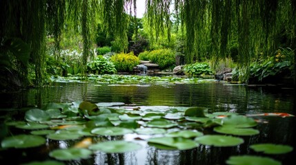 A serene garden pond with lily pads and koi fish, surrounded by weeping willows, capturing a peaceful moment in nature.