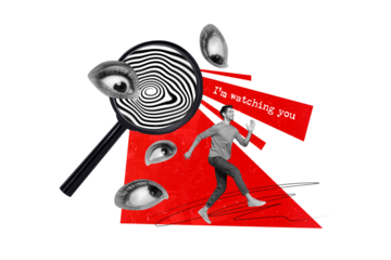 Creative composite abstract photo collage of eyes watching through magnifier frivolous inaccurate man isolated on painted background