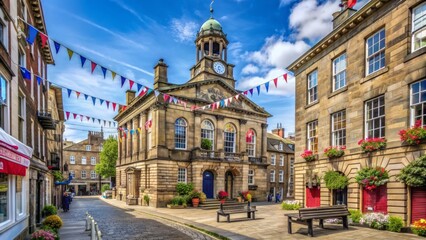 Historic Lancaster City Hall and flag-lined streetscape in Lancashire, England, with quaint shops and cafes, showcasing charming British architecture and small-town appeal.