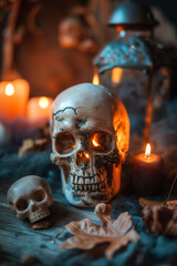 Halloween colorful holiday decoration with pumpkins, autumn leaves. Jack o lantern pumpkins decor. Seasonal background with autumn design.