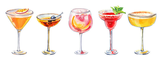 Set of watercolor hand painted summer aperitif cocktails glass simple sketch illustration on white background. DIY elements for bar menu, social media, ads and posters