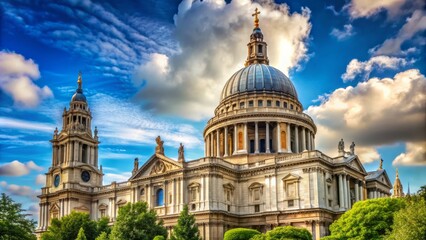 Historic St Paul's Cathedral in London, England, with its iconic dome and ornate detailing, set against a vibrant blue sky with wispy white clouds.