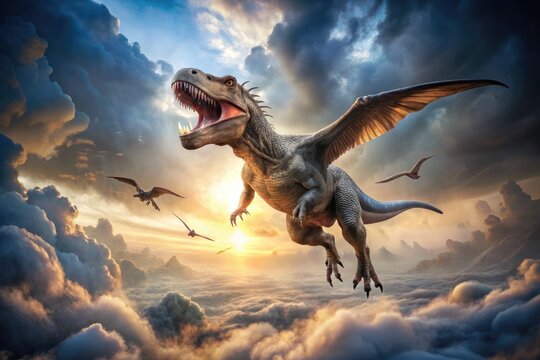A majestic, winged Tyrannosaurus Rex soars through a stormy, prehistoric sky, its scales glistening with dew as it leaves a trail of misty fog behind.