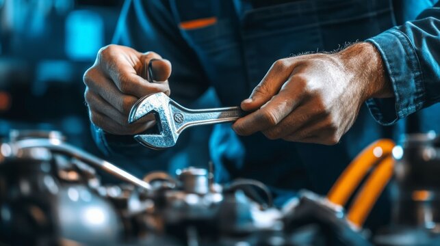 Mechanical engineer's hand holding a wrench while working on a machine, demonstrating practical engineering work.