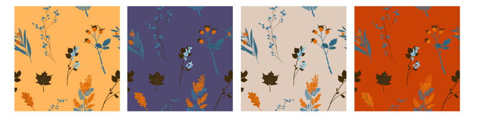 Set of seamless autumn natural patterns. Twigs, leaves and forest flowers in a palette of orange and purple