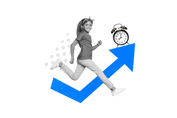 Image poster collage of funky happy girl running fast hurry school first september isolated on drawing background