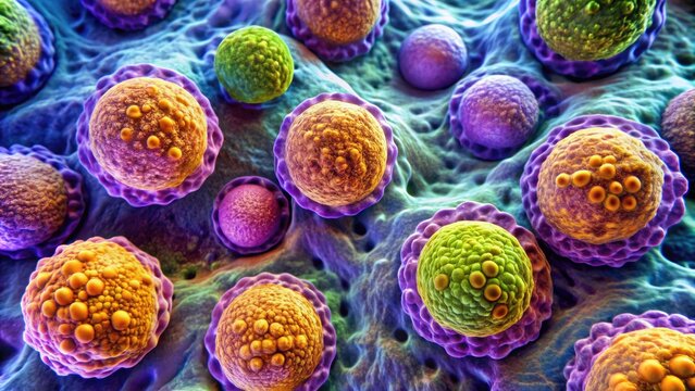 A microscopic image of abnormal cell growth in soft tissue, characteristic of sarcoma, a rare and aggressive type of cancer affecting connective tissue.