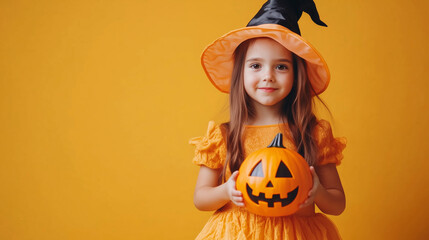 Fototapeta premium a child in an orange Halloween costume holds a pumpkin in his hands