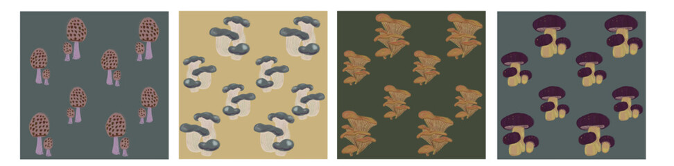 Set of seamless patterns with illustrations of mushrooms for children's wallpaper, cards, paper