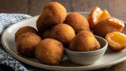 southern comfort foods hushpuppies isolated on an aesthetic plate, concept for advertisement