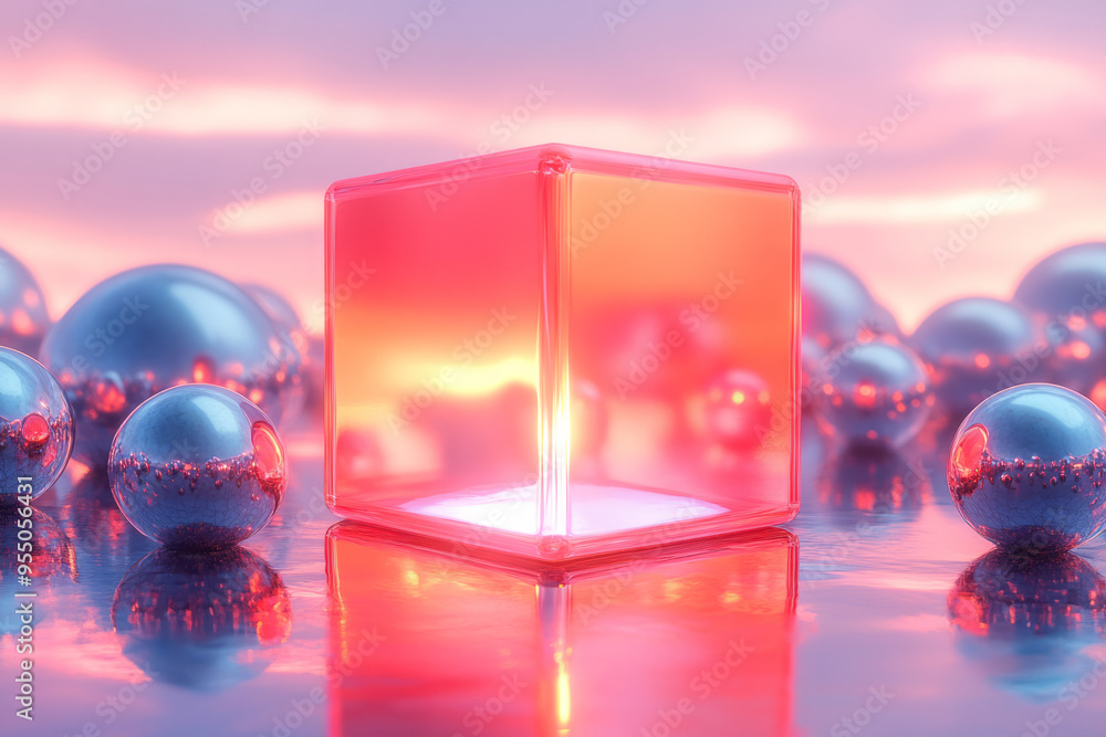 Aufkleber a glowing red cube casting reflections on a cluster of polished metallic spheres and sharp-edged pyr