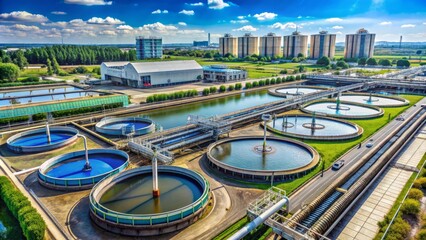 Fototapeta premium Industrial wastewater treatment facility with large tanks, pipes, and machinery, treating contaminated water and promoting environmental sustainability in a modern urban setting.