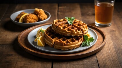 southern comfort foods chicken and waffles isolated on an aesthetic plate, concept for advertisement