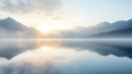 Fototapeta premium Breathtaking Misty Lake Sunrise Landscape with Majestic Mountains in the Distance