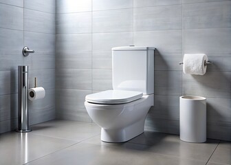 A modern, sleek, white toilet with a closed lid and a roll of toilet paper on the wall, set against a clean, minimalist bathroom background.