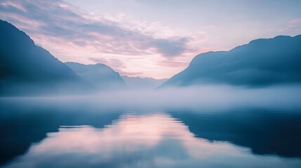 Fototapeta premium Serene Sunrise Over Tranquil Lake with Misty Mountains in the Distance