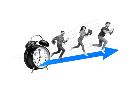 Photo cartoon comics sketch collage picture of purposeful workers running rush hurrying work isolated orange color background
