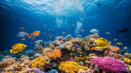 Obraz premium Vibrant underwater scene showcasing coral reefs and diverse marine life.