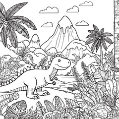 Illustration coloring draw dinosaur with jungle mountain background black and white version good for kids