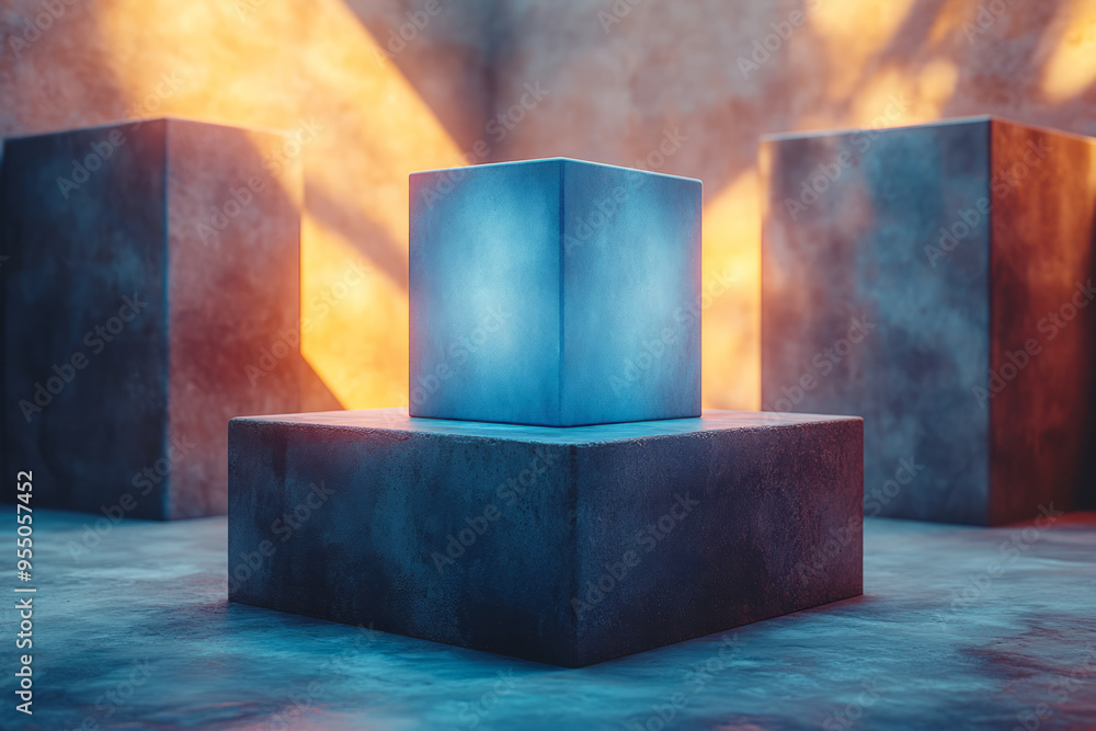 Poster a soft blue illuminated cube partially hidden behind a series of large, matte black geometric shapes