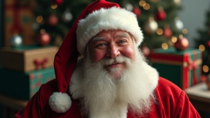 portrait of Santa Claus on the background of a Christmas tree and a stack of gift boxes in the room 