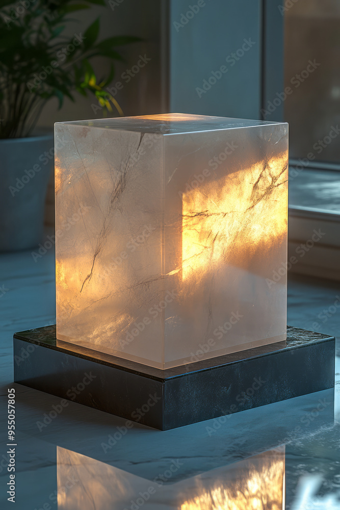 Poster a bright white illuminated cube casting sharp shadows on a group of sharp-edged metallic blocks and 