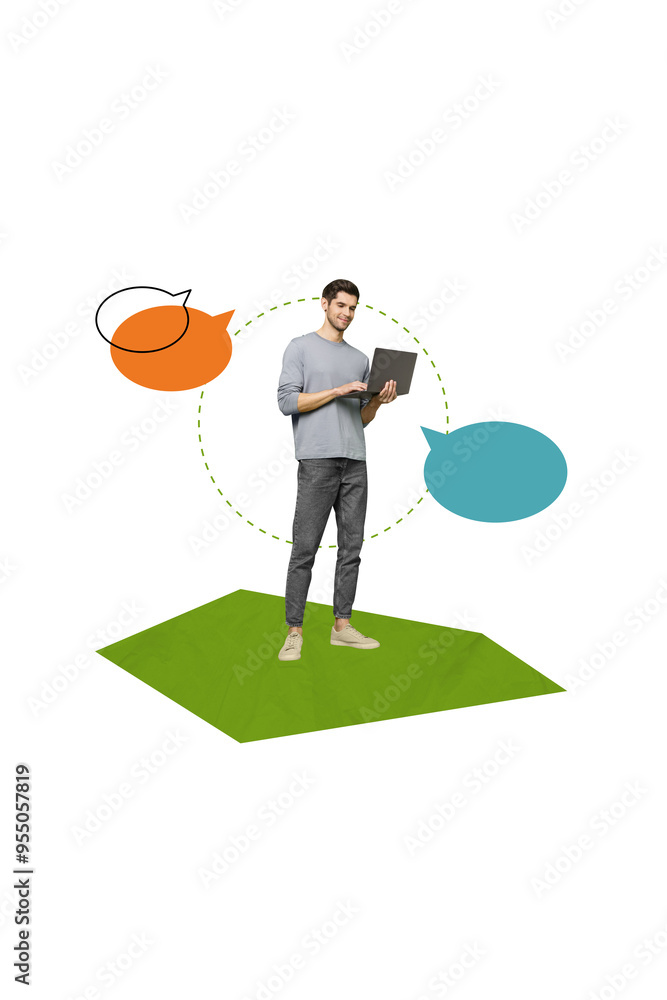 Aufkleber Collage 3d image of nice funky guy use modern device wifi connection correspondence isolated on drawing beige color background