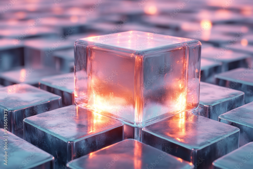 Poster an illuminated cube with a soft green glow placed on top of a series of abstract, polished metal sha