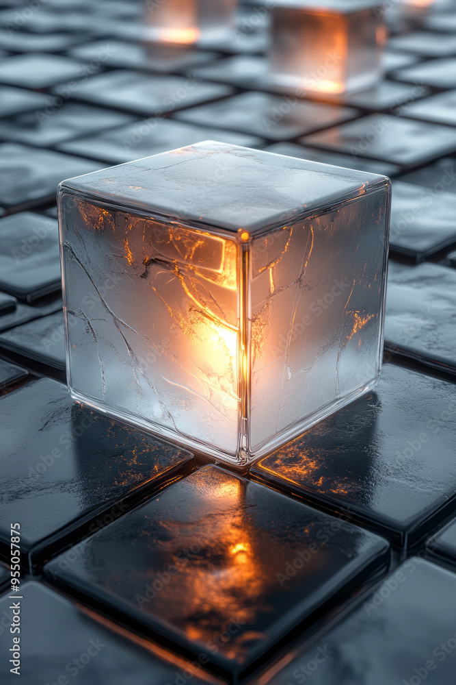 Fototapete a bright white illuminated cube casting sharp shadows on a group of sharp-edged metallic blocks and 