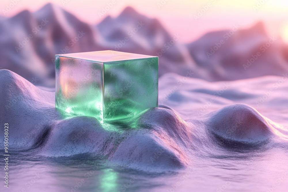 Poster an illuminated cube with a soft green glow placed on top of a series of abstract, polished metal sha