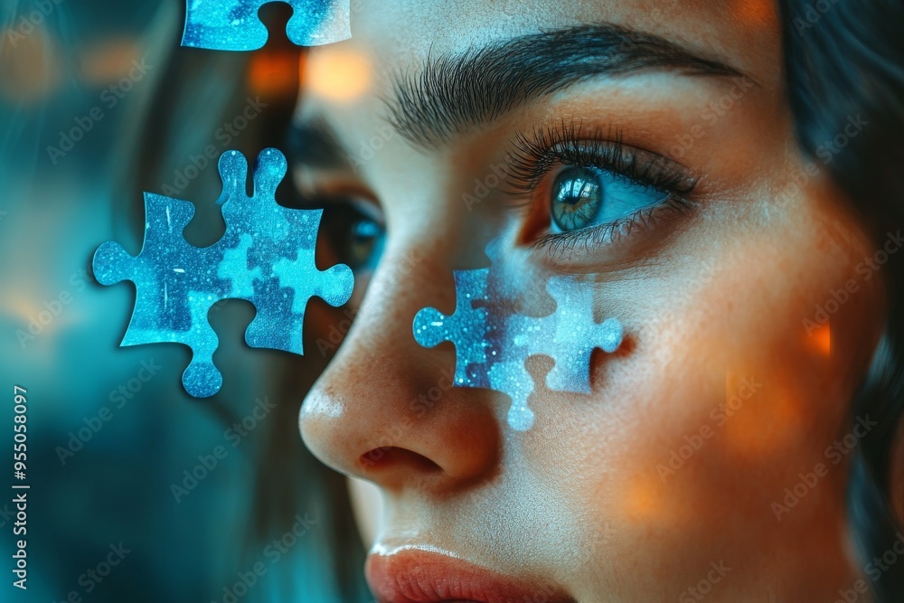 Poster cognitive empathy cognitive science close up of a woman with puzzle pieces integrated into her face 