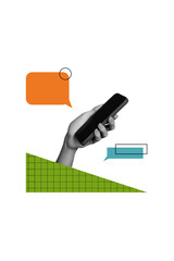 Vertical creative composite illustration photo collage of hand holding smartphone read messages isolated on beige color background