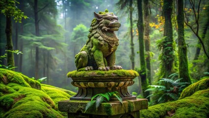 Ancient stone statue of a mythical creature stands proudly atop a moss-covered pedestal, surrounded by lush greenery in a serene and mysterious forest setting.