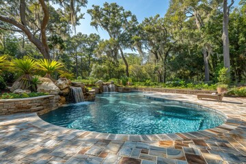 Outdoor swimming pool with tumbled paver patio, stone wall, and waterfalls surrounded by large oak trees in Florida, daylight setting.