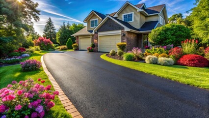 A newly sealed asphalt driveway glistens in the sunlight, freshly applied black coating surrounding a tidy suburban home with lush green lawn and colorful flowers.
