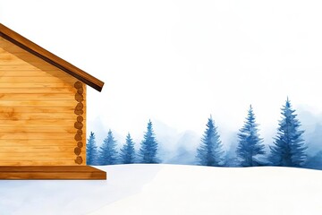 Cabin porch with snow-covered trees, friends enjoying hot drinks, winter retreat, Watercolor style