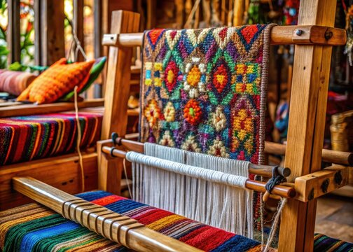 An intricately woven tapestry on a traditional wooden loom, threads of varying colors and textures crisscrossing, evoking a sense of ancient craftsmanship and creative expression. - Powered by Adobe