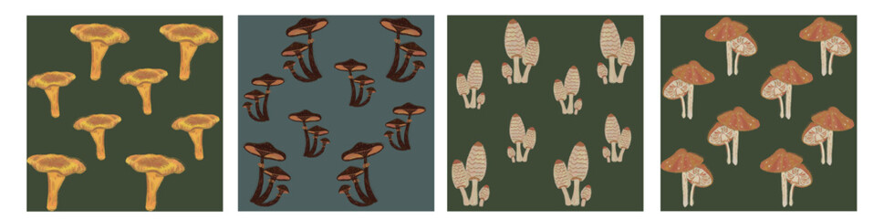 Set of seamless autumn patterns. Mushroom silhouettes on green background