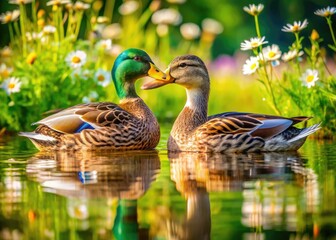 Obraz premium A pair of mallard ducks, feathers glistening in the sunlight, swim together in tranquil water, surrounded by lush greenery and vibrant wildflowers in full bloom.