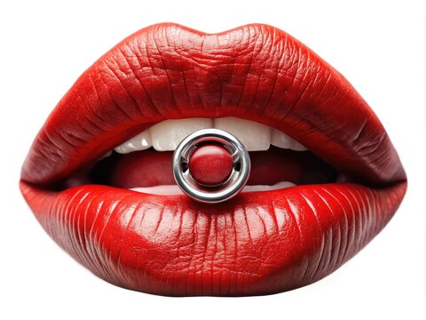 A pair of bold, red lips with a stylized, silver circle emblem on the lower lip, symbolizing passion, love, and rock music spirit.