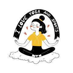 A woman practices a yoga pose on a mat surrounded by nature, combining sports and health. Vector illustration in doodle style on a white background