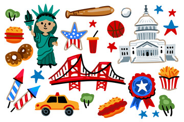 Set of Independence Day American elements. Symbols of USA. Statue of Liberty, Capitol, flag, eagle. For maps and children designs. Travel landmarks illustrations. Cartoon style. Childish. July 4th